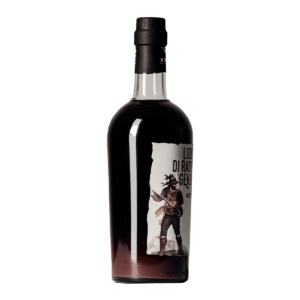 Left Side Bottle of Gentian with Montepulciano Wine 700 ml, a handcrafted liqueur that harmonizes the bitterness of gentian with the fruity intensity of Montepulciano d'Abruzzo Wine for a unique and sophisticated experience.