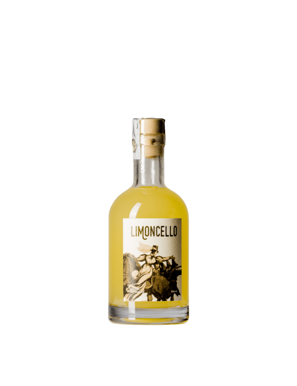Bottiglia frontale di Limoncello 350 ml, liquore artigianale fresco e tradizionale, preparato con limoni selezionati secondo l'antica ricetta Sorrentina, senza additivi né coloranti.