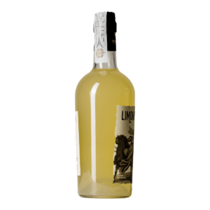 Left side bottle of Limoncello 700 ml, a fresh and traditional artisanal liqueur made from selected lemons according to the ancient Sorrento recipe, with no additives or coloring agents.