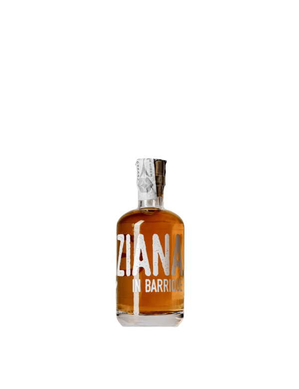 Bottiglia frontale di Genziana in Barrique 100 ml liquore artigianale dal gusto intenso e pregiato della genziana, affinato con cura in rovere per un'esperienza unica.